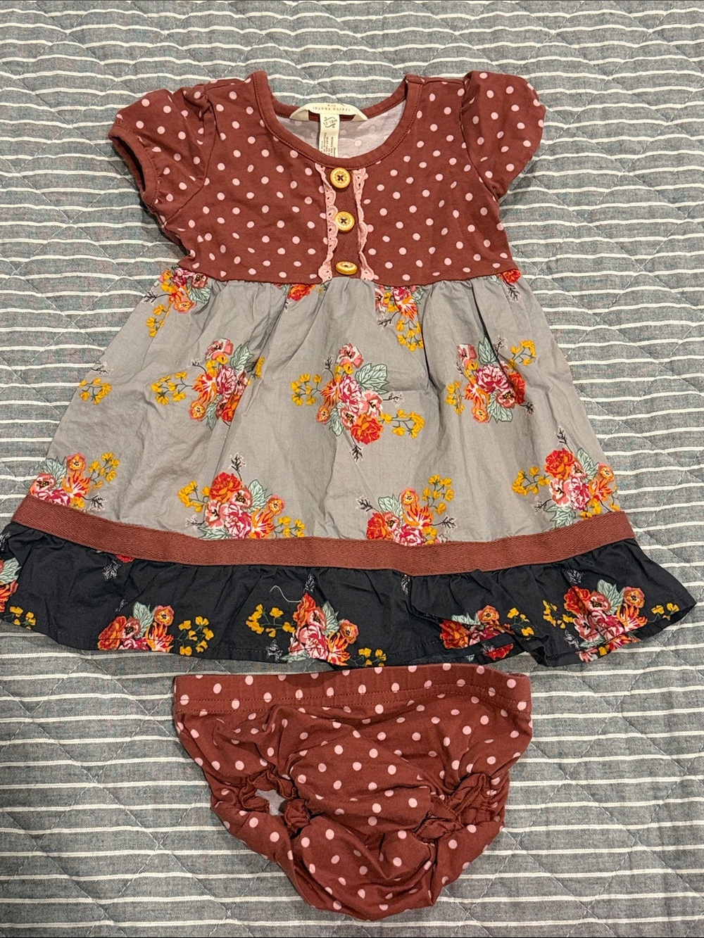 Matilda Jane Rust and Gray Floral Polka Dot Dress with Bloomer